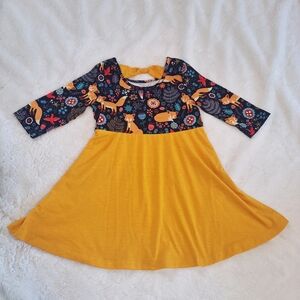Woodland Animal Fox 3-4 Year Girls Yellow & Blue Dress 1/4 Sleeve Stretch Patpat
